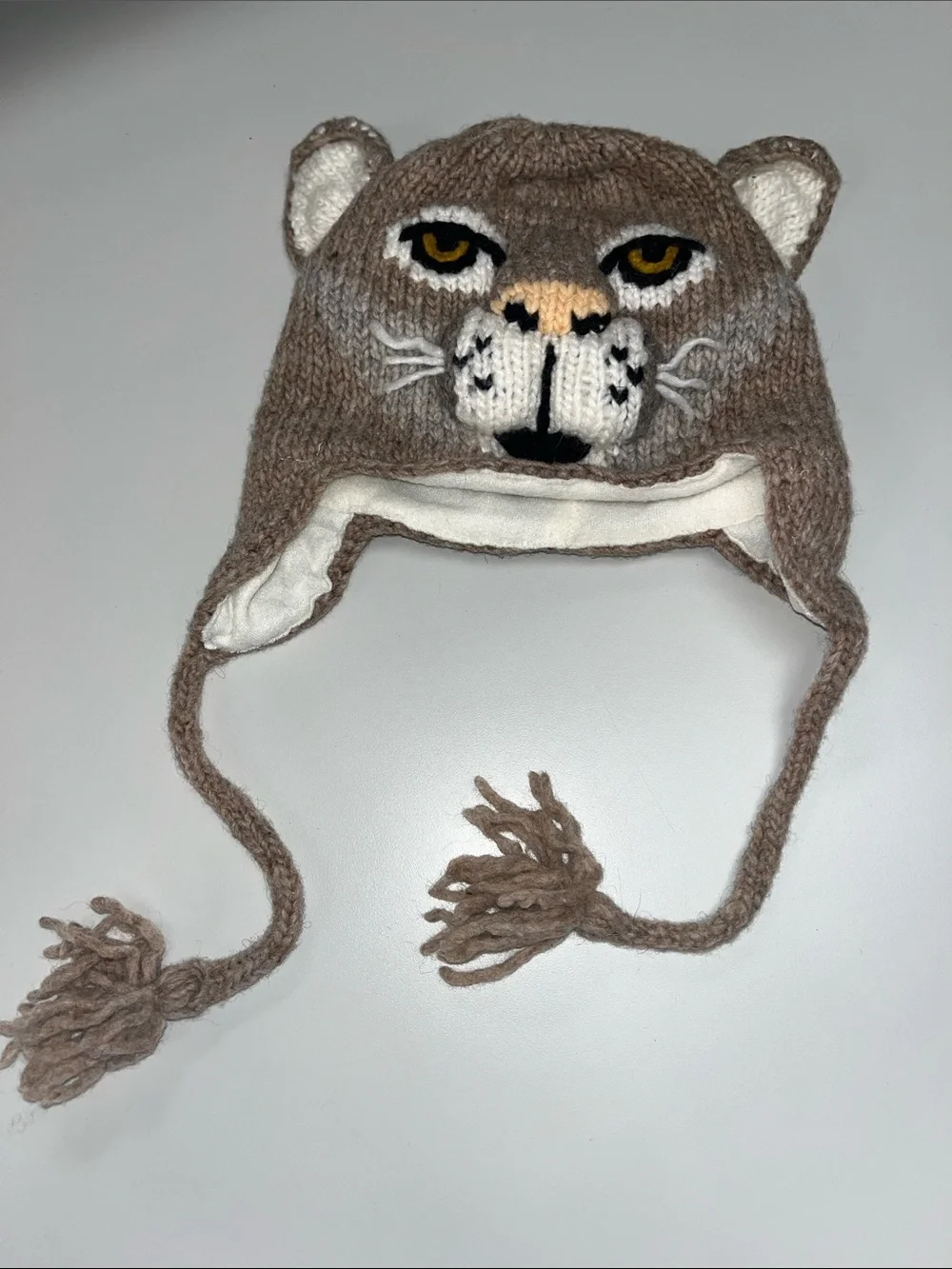 Source Unknown adult Brown and White Knit Puma / Cougar Earflap winter Hat